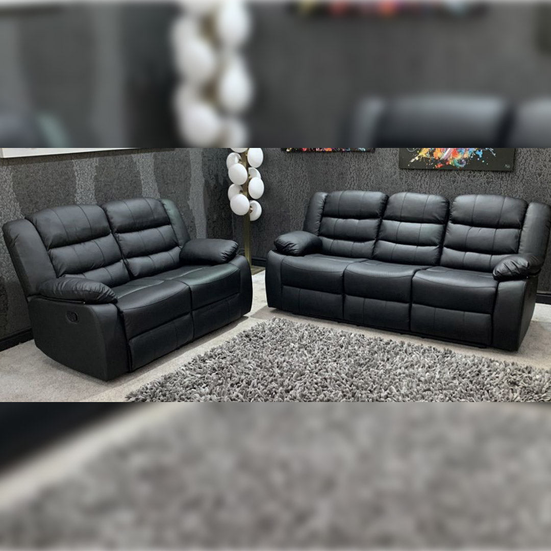 MNS Leather Recliner Sofa with Cupholders - 3+2 Seater Sofa - Black (3+2 Seater)