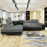 ANTON Black & Grey Fabric Corner Sofa Bed | Double Bed | large sofas settee for living Rooms | Left hand & Right hand side suite (RIGHT HAND SIDE/LEFT HAND SIDE)