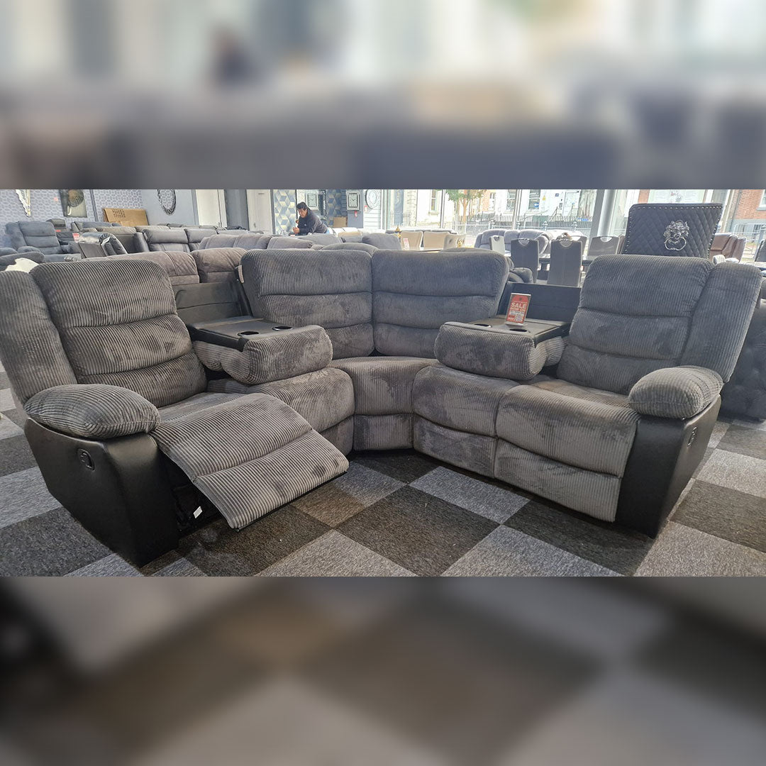 Rio Jumbo Cord Recliner Corner Sofa With Cupholders - Manual Reclining - Recliner Corner Sofa (Corner - Grey/Black)