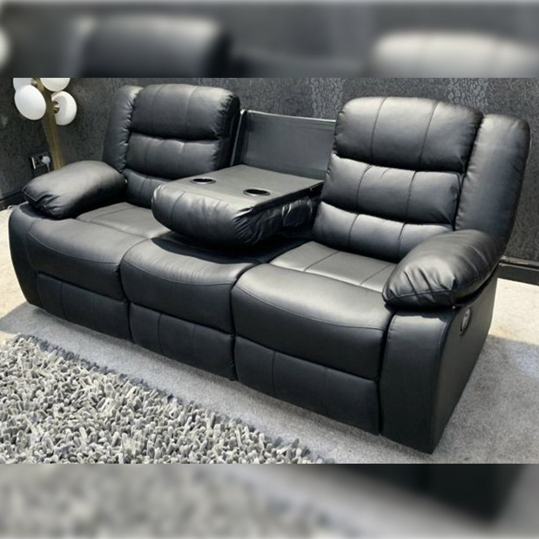 MNS Leather Recliner Sofa with Cupholders - 3+2 Seater Sofa - Black (3+2 Seater)