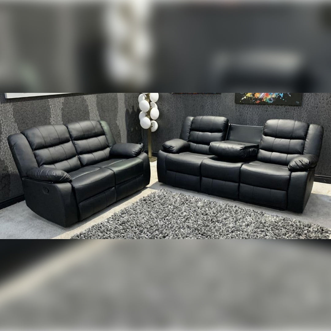 MNS Leather Recliner Sofa with Cupholders - 3+2 Seater Sofa - Black (3+2 Seater)