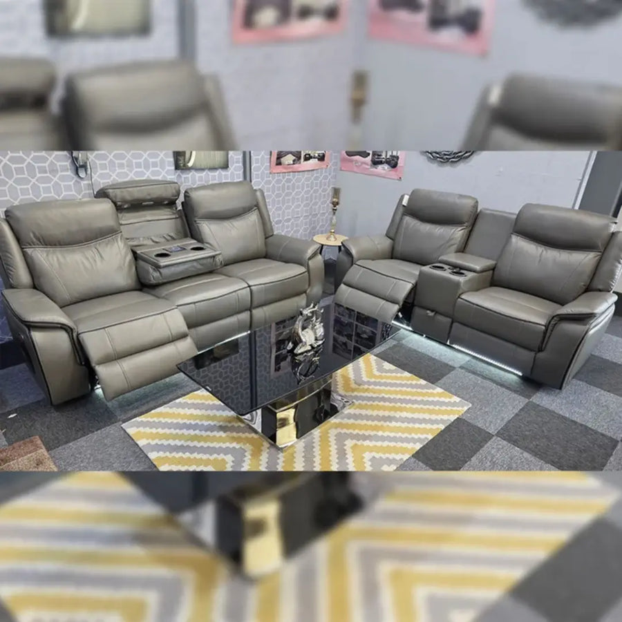 Parada Leather Electric Recliner Sofa 3+2 Seater-Bluetooth/USB/C-Type/Led/Cooling-Cup Holders - Grey